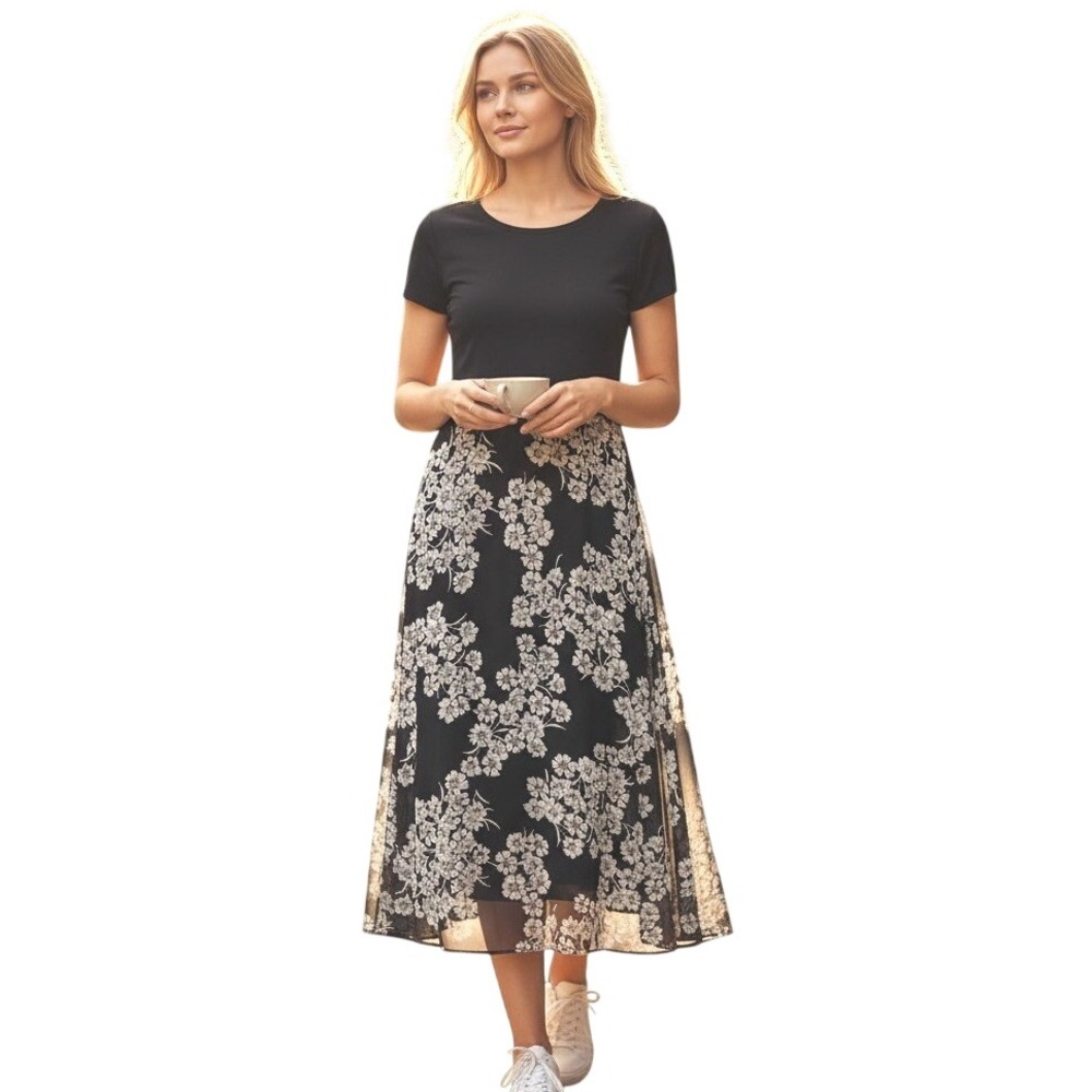 Vince Camuto Womens Maxi Dress M Black Floral Cap Sleeve Mixed Media Zip Back